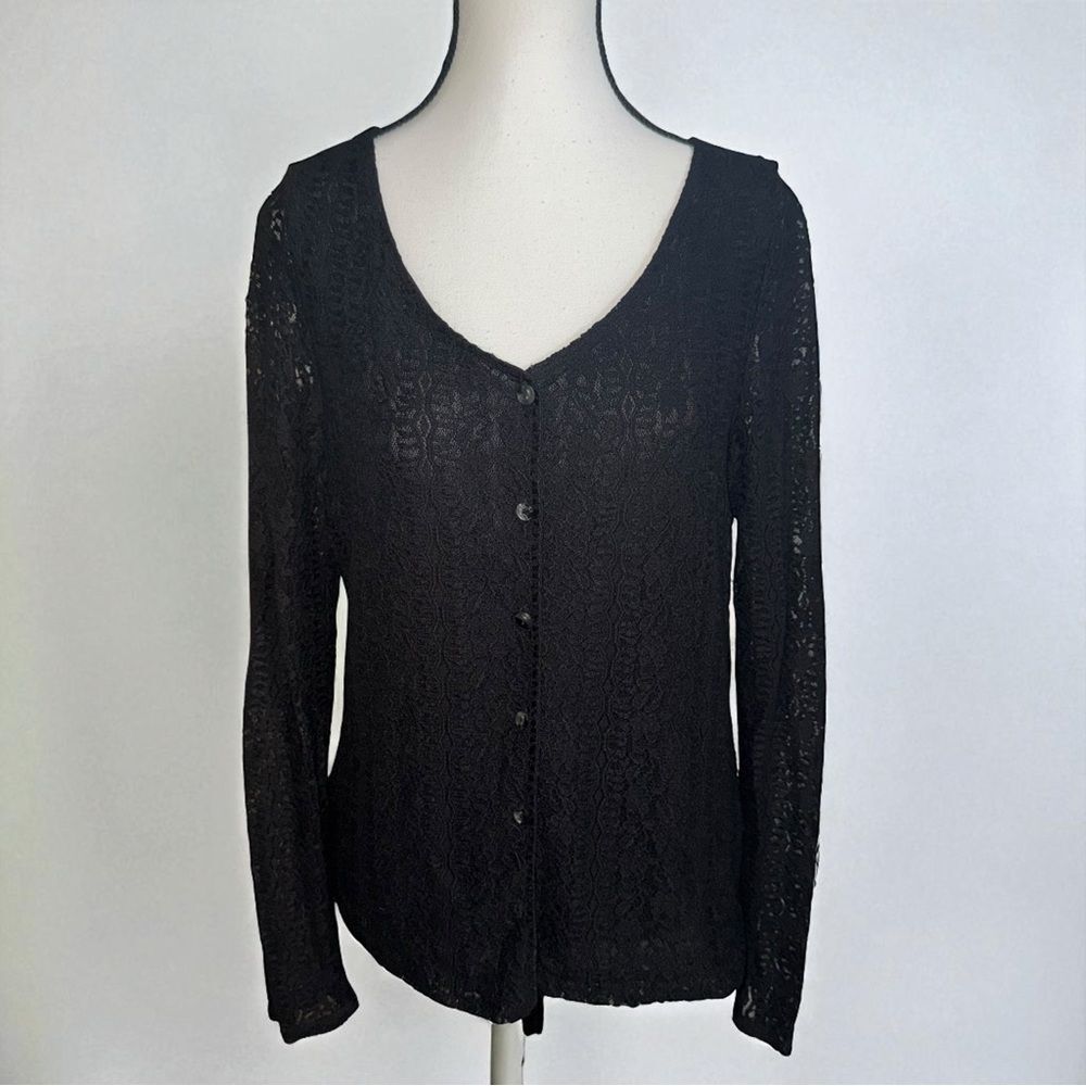 J Jill Lace Lined Button Down Stretch Sweater Blouse Black Long Sleeve Size M
